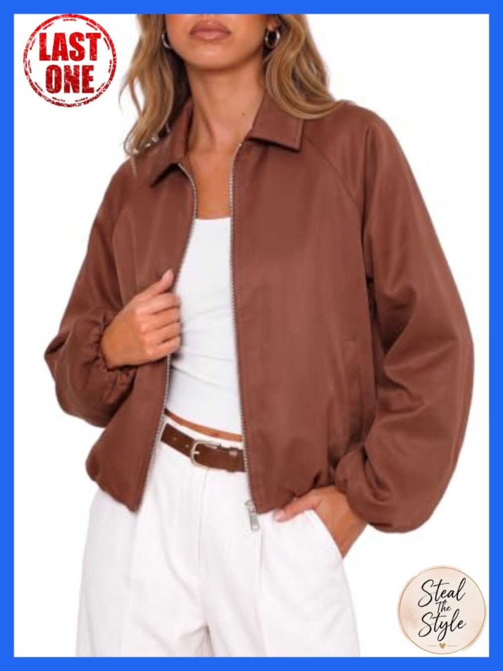 Womens Cropped Zip Up Bomber Jacket Long Sleeve Fall Coat Casual